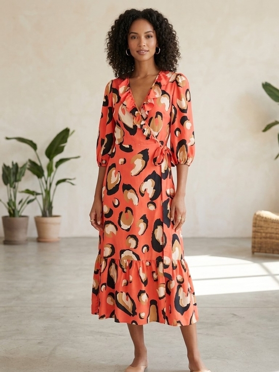 River Island Dresses & Skirts - SOLD    River Island Coral Animal-Print Wrap Midi Dress Size 4